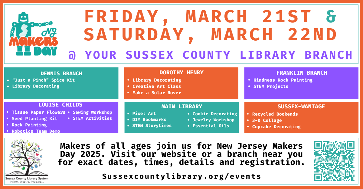 SCLS Makers Day 2025 Graphic - Friday 3/21 and 3/22 join us at the library to make all kinds of crafts and fun projects!