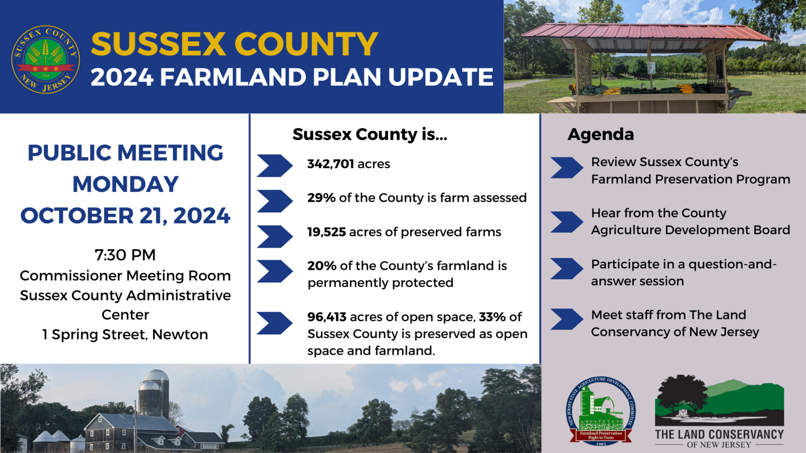 Farmland Preservation plan meeting graphic: Join us at our first public meeting on Sussex County's 2024 Farmland preservation plan. Meeting to be held at the commissioner meeting room at the Sussex County Administrative center at 7:30pm on October 21, 2024.